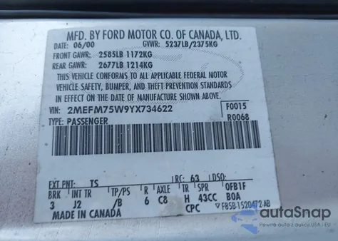 2000 Mercury Grand Marquis Ls из США, поврежденный, VIN 2MEFM75W0YX719216